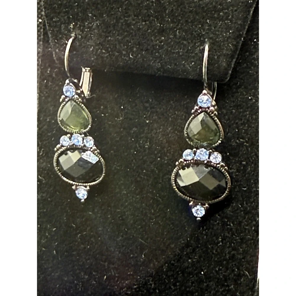 Vintage Style Black Olive Green Blue Crystal Drop Earrings Silver Tone Leverback